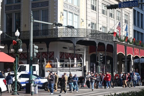 Police and investigators conduct a high-security presence as Bourbon Street, Canal Street, and the French Quarter reopen after the New Year’s Day attack. Photograph: Kyle Mazza/REX/Shutterstock