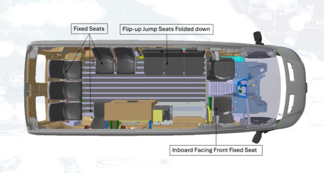 An illustration of the seating in the customized vans for the Bay Street Innovation Corridor shows the passenger seats around the perimeter of the van. The vehicle also would be equipped to comply with the Americans with Disabilities Act.