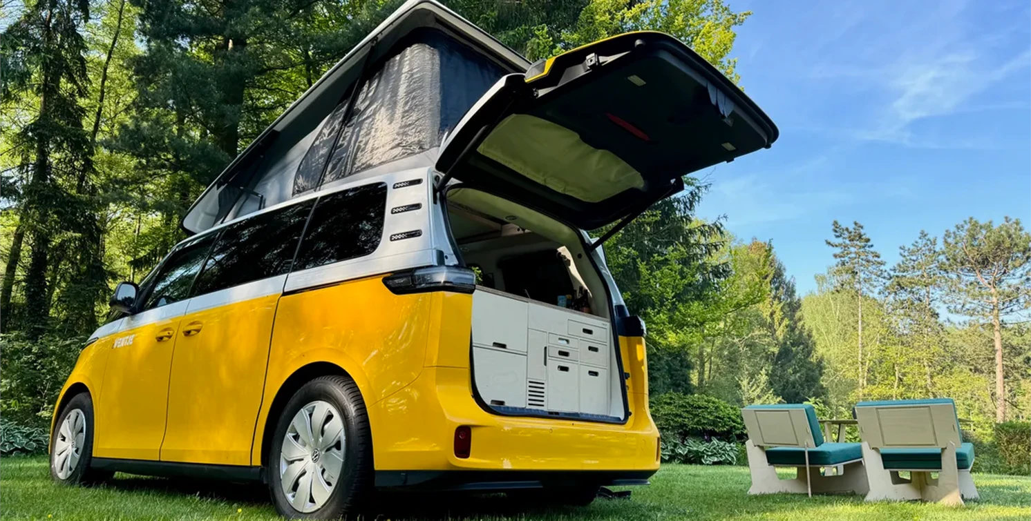 The eVentje comes with a pop-top and a slide-out kitchen