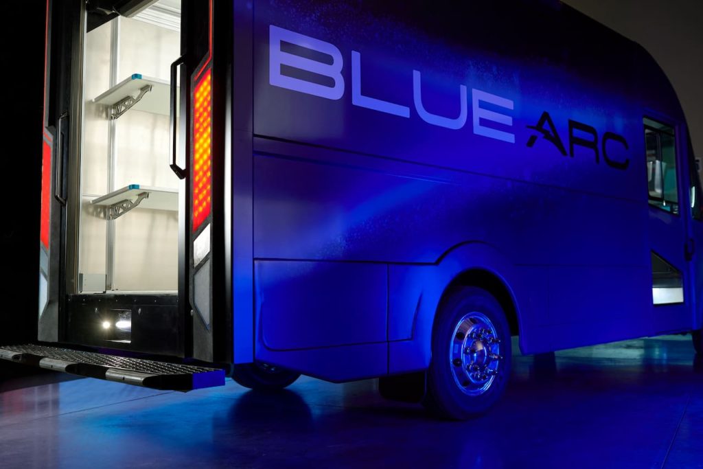 The Blue Arc delivery van features an integrated solar roof package. Image Source: The Shyft Group