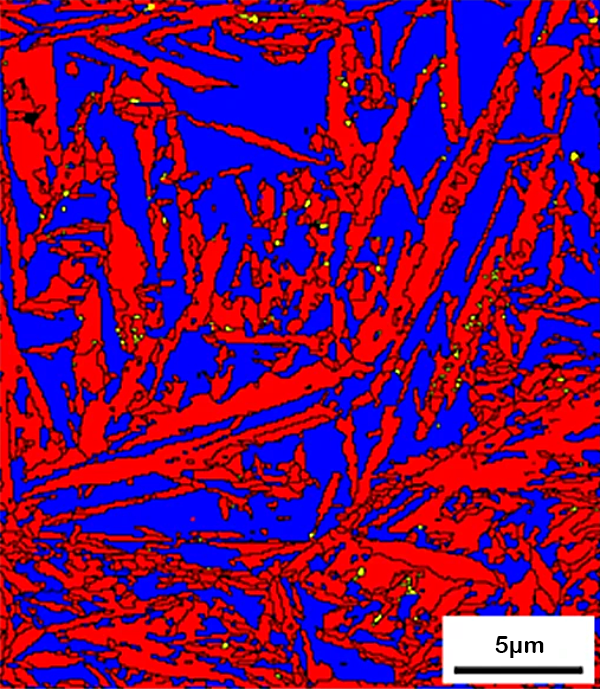 This electron micrograph of a steel sample shows two different types, or phases, of steel: softer, more workable austenite (blue) and harder, more brittle martensite (red). Steelmakers can vary the mix of the two by altering how they heat and cool a piece of steel.CREDIT: ADAPTED FROM R. HOSSAIN ET AL / SCIENTIFIC REPORTS 2016